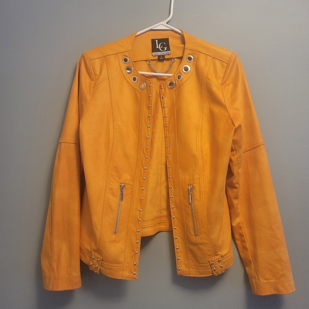 Lena Gabrielle Faux Leather Jacket Size 8 Orange Studded Moto Y2K Edgy - Picture 2 of 7